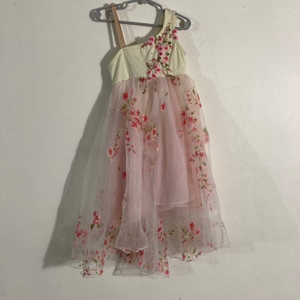 Art Stone Lyrical Dance Costume Kids M (8)Ivory Pink Floral High-Low Rhinestone
